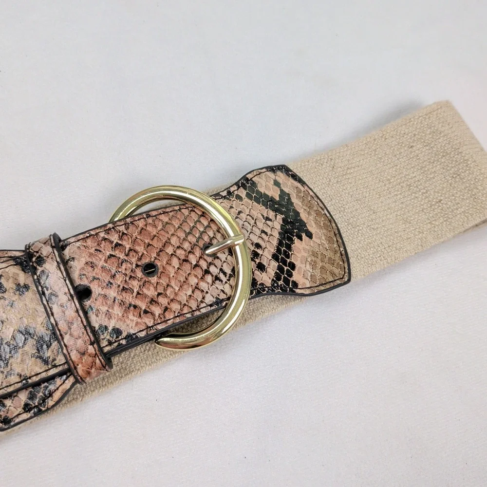 Snakeskin Print Elastic Cinch Waist Belt Gold Buckle Wide Boho Earthy